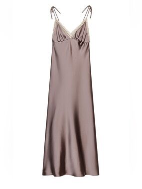 Zara Satin Midi Low Back Slip Dress in Mauve with Cream Lace Trim